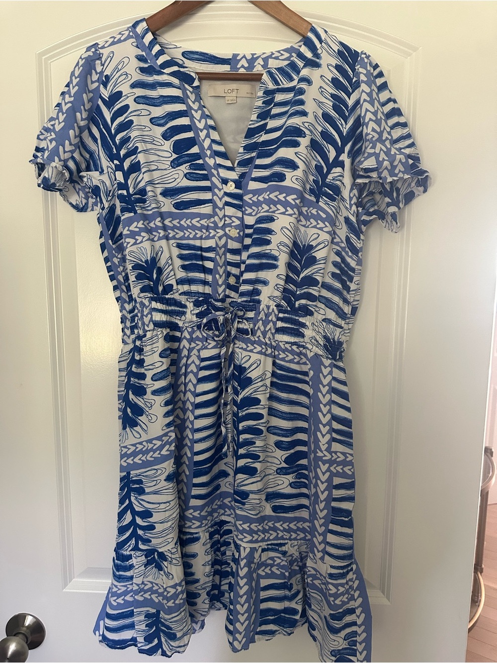 LOFT Blue and White Printed Tie-Waist Mini Dress